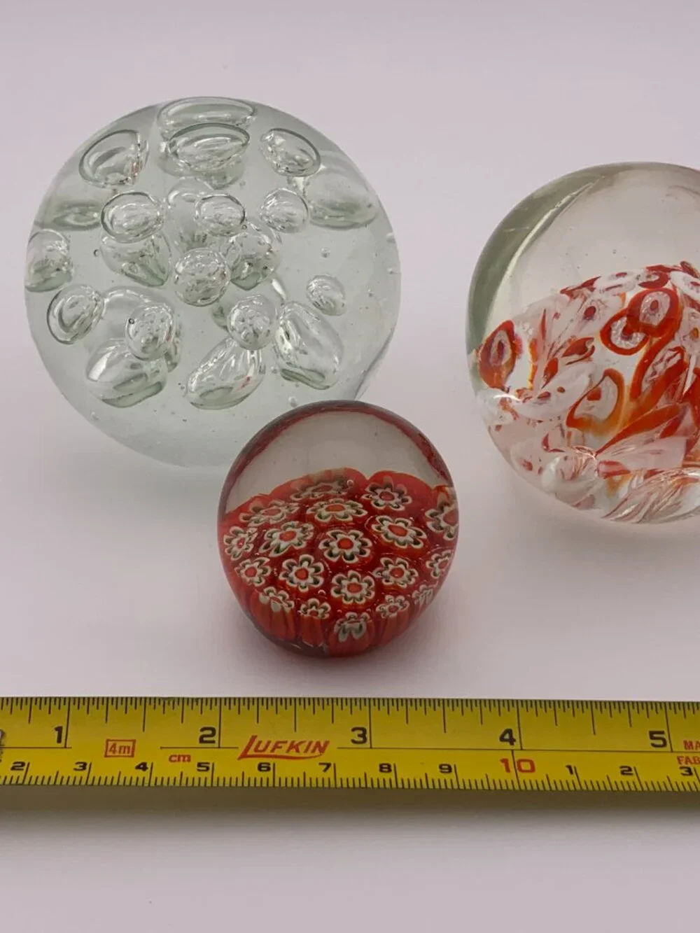 Clear Art Glass Paperweight Lot of 3 Bubble Sphere Heavy Desk Decor Clear Orange